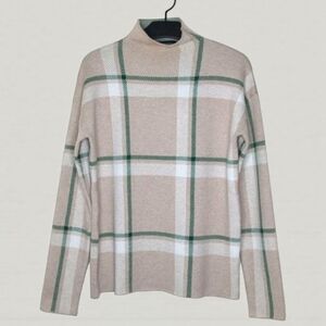 Tahari Mock-Neck Sweater Plaid Green Beige White Women's M